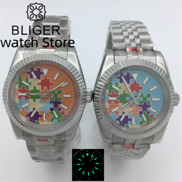 BLIGER 36mm 39mm NH35A PT5000 Men's Watch Orange Blue Puzzle Printing Dial Sapphire Crystal Slot Bezel Automatic Watch For Me