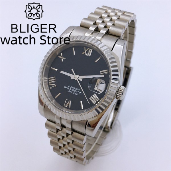 BLIGER 36mm/39mm Black dial Roman numerals NH35A Automatic Mechanical Watch For Men Sapphire Glass With Date Deep waterproofing