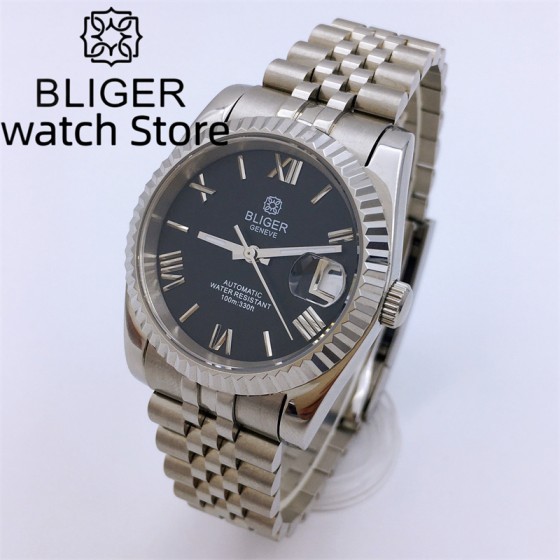 BLIGER 36mm/39mm Black dial Roman numerals NH35A Automatic Mechanical Watch For Men Sapphire Glass With Date Deep waterproofing