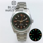 BLIGER 39mm NH35 PT5000 Automatic mechanical Polished Men's Watch Green Sapphire Glass Black dial Lightning Hands 316L Bracelet
