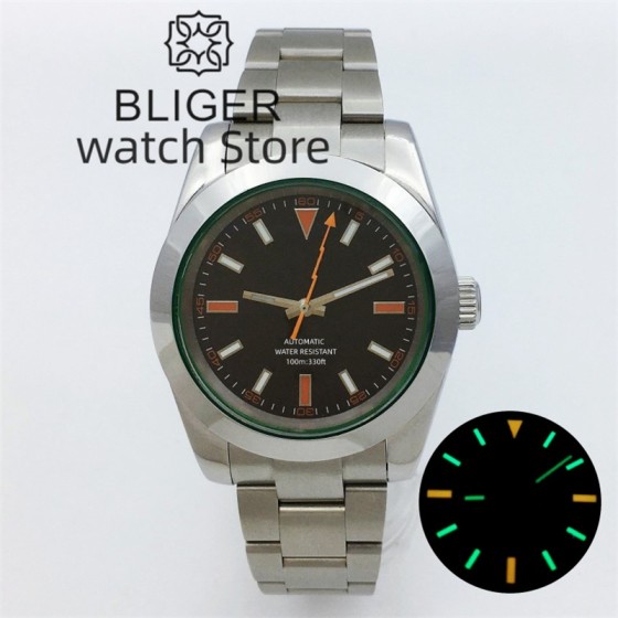 BLIGER 39mm NH35 PT5000 Automatic mechanical Polished Men's Watch Green Sapphire Glass Black dial Lightning Hands 316L Bracelet