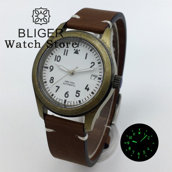 BLIGER 36mm 39mm Bronze Diver Brushed Pilot Watch For Men Ladies NH35A PT5000 Dome Sapphire Glass Luminou Leather