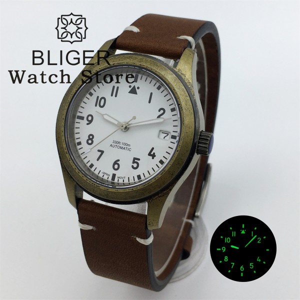 BLIGER 36mm 39mm Bronze Diver Brushed Pilot Watch For Men Ladies NH35A PT5000 Dome Sapphire Glass Luminou Leather