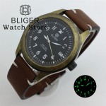 BLIGER 36mm 39mm Bronze Diver Brushed Pilot Watch For Men Ladies NH35A PT5000 Dome Sapphire Glass Luminou Leather