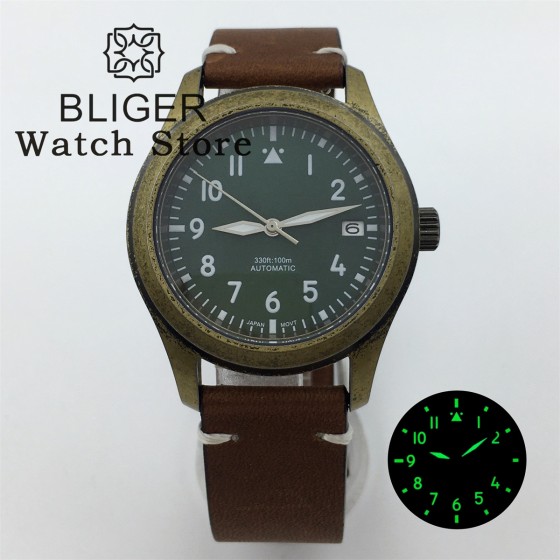 BLIGER 36mm 39mm Bronze Diver Brushed Pilot Watch For Men Ladies NH35A PT5000 Dome Sapphire Glass Luminou Leather