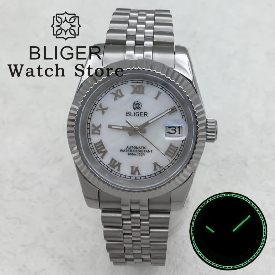 BLIGER 36mm 39mm 10ATM Waterproof NH35 Automatic Watch For Lovers Wristwatch Date Roman Dial Sapphire Glass Stainless Strap