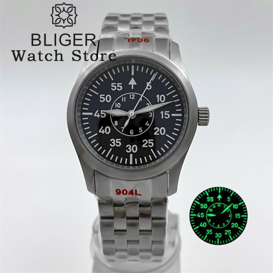 BLIGER 36mm 39mm Diving Pilot NH35 Automatic Watch For Men Dome Sapphire Glass Super Green Luminous 10BAR Waterproof