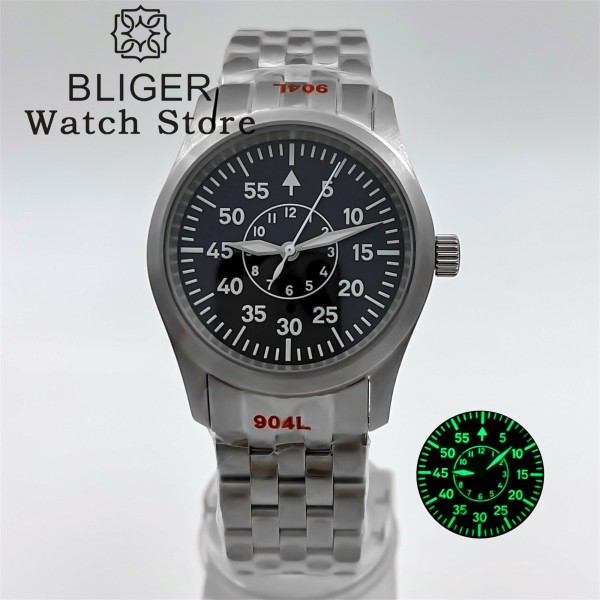 BLIGER 36mm 39mm Diving Pilot NH35 Automatic Watch For Men Dome Sapphire Glass Super Green Luminous 10BAR Waterproof