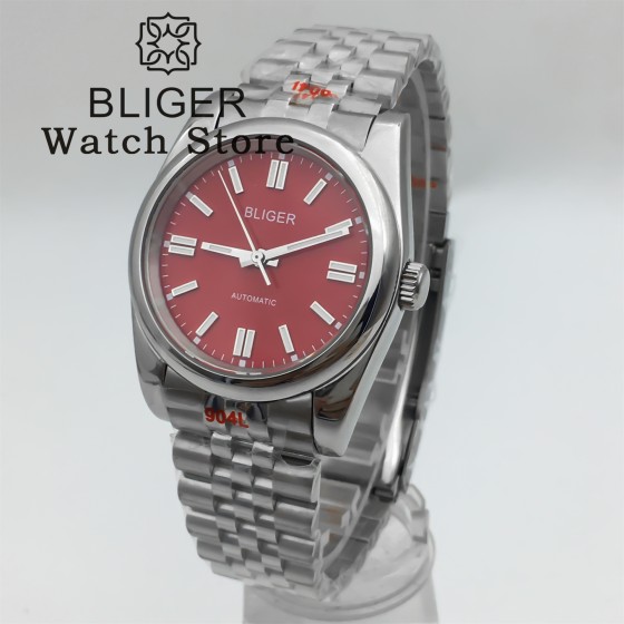 BLIGER 36mm 39mm Round Bezel Red Dial NH35 Automatic Mechanical Watches For Men Sapphire Glass 10Bar Waterproof Steel Bracelet