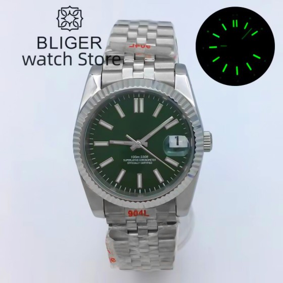 BLIGER 36mm 39mm sapphire glass green dial Date Green Luminous NH35A Movement automatic Men's watch stainless steel strap
