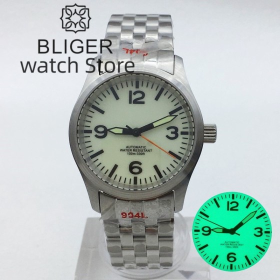 BLIGER 36mm 39mm Pilot Mechanical Watches for Men Super Luminous Cylindrical sapphire glass NH35 movement 10ATM Waterproof