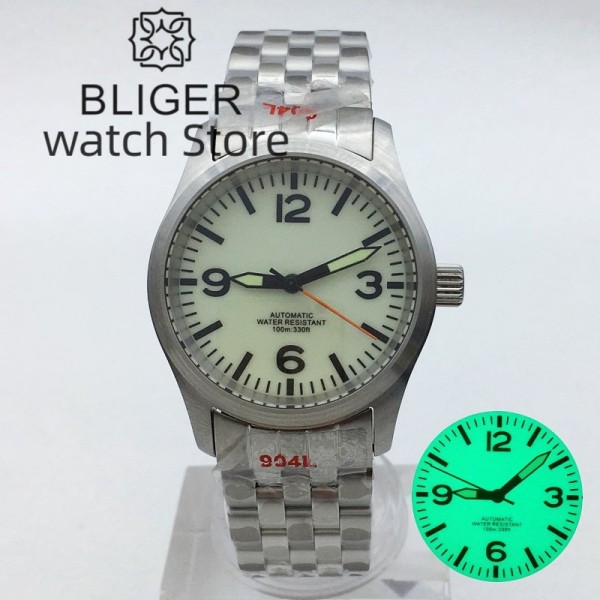BLIGER 36mm 39mm Pilot Mechanical Watches for Men Super Luminous Cylindrical sapphire glass NH35 movement 10ATM Waterproof