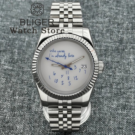 36mm 39mm NH35 Watch For Who cares, I'm already late Blue Text Dial Sapphire Crystal NH35A Automatic Movement Watches For Man