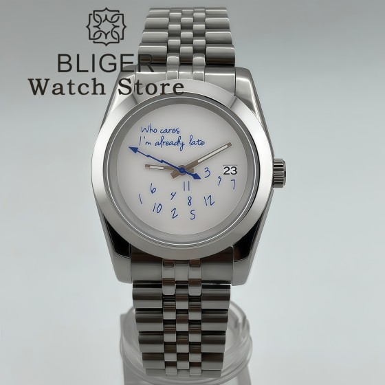 36mm 39mm NH35 Watch For Who cares, I'm already late Blue Text Dial Sapphire Crystal NH35A Automatic Movement Watches For Man