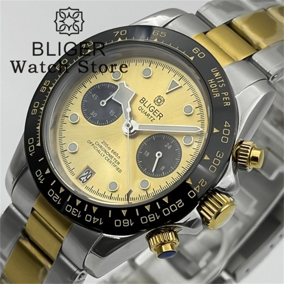 BLIGER 39mm Two tone Gold VK64 Moon Quartz Chronograph Watch For Men With 5 Hands 6 O'clock Date Waterproof Sapphire Crystal