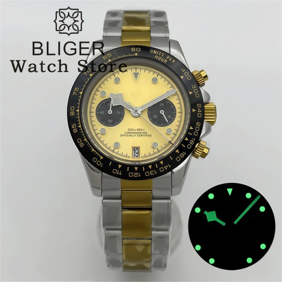 BLIGER 39mm Two tone Gold VK64 Moon Quartz Chronograph Watch For Men With 5 Hands 6 O'clock Date Waterproof Sapphire Crystal