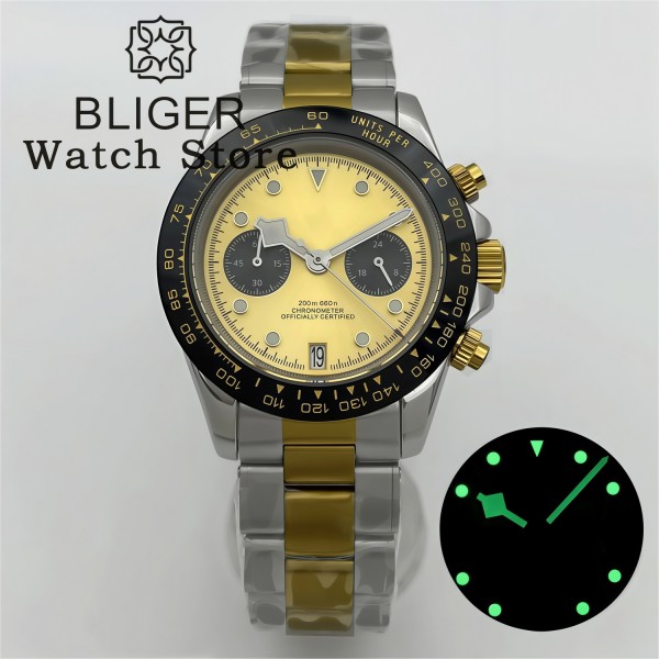 BLIGER 39mm Two tone Gold VK64 Moon Quartz Chronograph Watch For Men With 5 Hands 6 O'clock Date Waterproof Sapphire Crystal