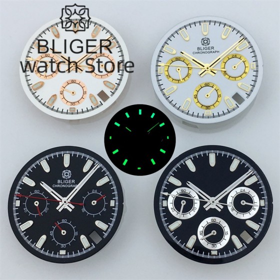 BLIGER VK63 Dial 30mm Black White Gold Dial With Hands Green Luminous Fit VK63 VK64 movement