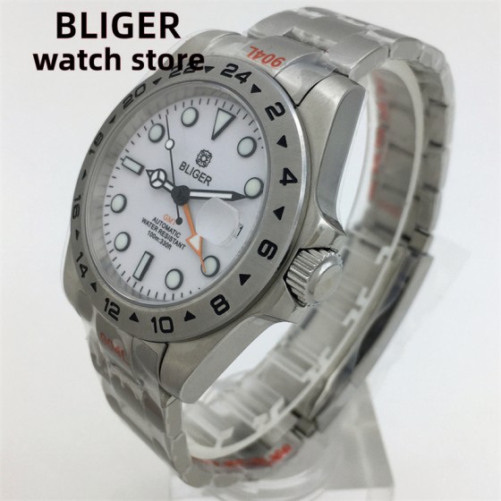 BLIGER 40mm/43mm Japan NH34 GMT Men's mechanical watch green luminous white dial sapphire glass stainless steel strap