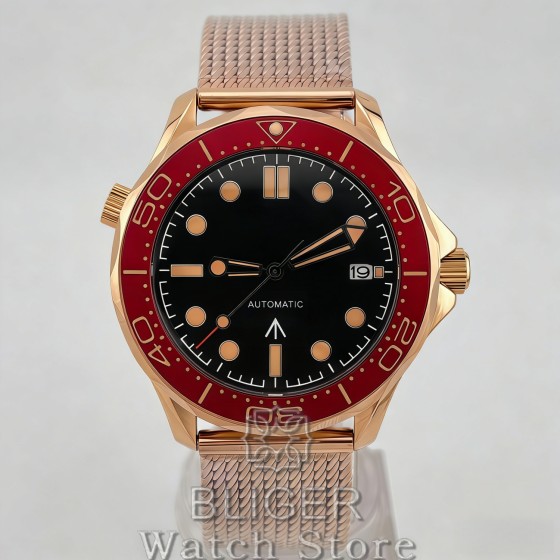 BLIGER Vintage Bronze Rose Gold 41mm Men's NH35 PT5000 Mechanical 007 NTTD 100m Diving WristWatch Burgundy Red Bezel Mesh Strap