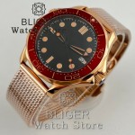 BLIGER Vintage Bronze Rose Gold 41mm Men's NH35 PT5000 Mechanical 007 NTTD 100m Diving WristWatch Burgundy Red Bezel Mesh Strap