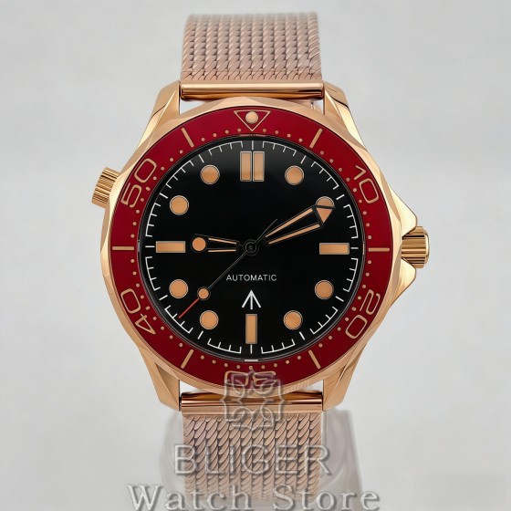 BLIGER Vintage Bronze Rose Gold 41mm Men's NH35 PT5000 Mechanical 007 NTTD 100m Diving WristWatch Burgundy Red Bezel Mesh Strap