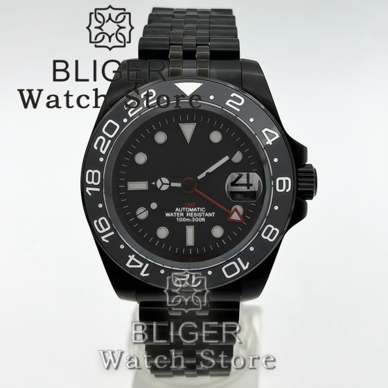 BLIGER 40mm Full Black NH34 GMT Watch For Men Black White Dial Sapphire Glass Green Luminous Waterproof Reloj Hombre Wristwatch