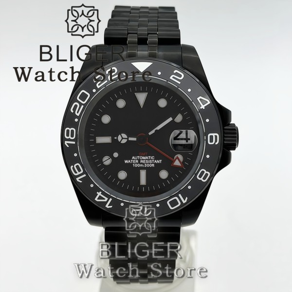 BLIGER 40mm Full Black NH34 GMT Watch For Men Black White Dial Sapphire Glass Green Luminous Waterproof Reloj Hombre Wristwatch