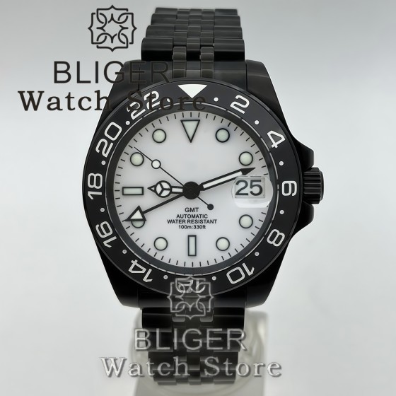 BLIGER 40mm Full Black NH34 GMT Watch For Men Black White Dial Sapphire Glass Green Luminous Waterproof Reloj Hombre Wristwatch