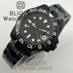 BLIGER 40mm Full Black NH34 GMT Watch For Men Black White Dial Sapphire Glass Green Luminous Waterproof Reloj Hombre Wristwatch