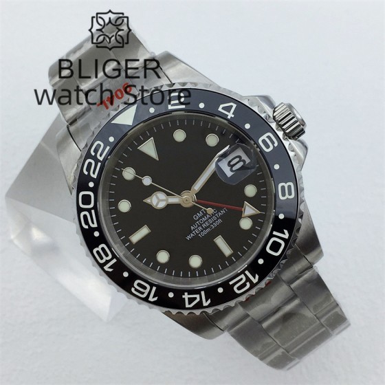 BLIGER 40mm NH34A GMT Men's watch Mechanical Watch Luminous Bezel Sapphire Glass Stainless steel Bracelet