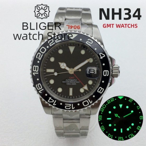 BLIGER 40mm NH34A GMT Men's watch Mechanical Watch Luminous Bezel Sapphire Glass Stainless steel Bracelet