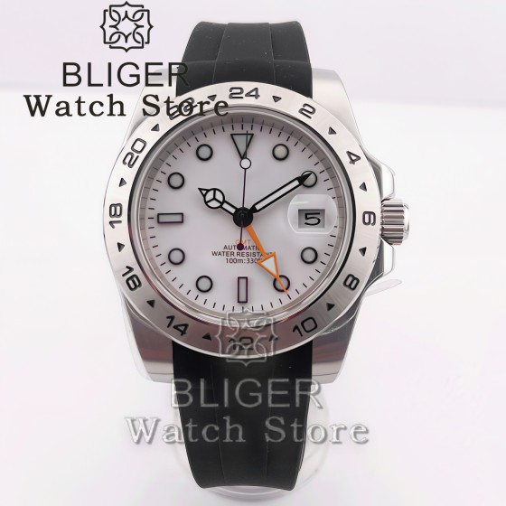 BLIGER 40mm GMT Mechanical Men's Wristwatch Waterproof 24 Hour Fixed Bezel Sapphire Glass Luminous steel rubber strap