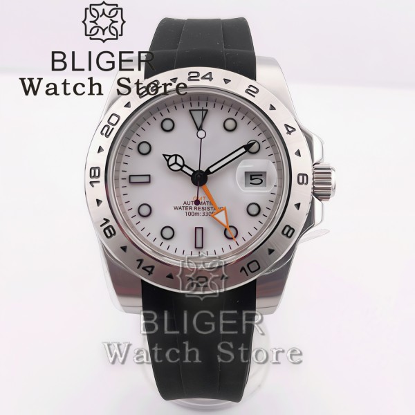 BLIGER 40mm GMT Mechanical Men's Wristwatch Waterproof 24 Hour Fixed Bezel Sapphire Glass Luminous steel rubber strap