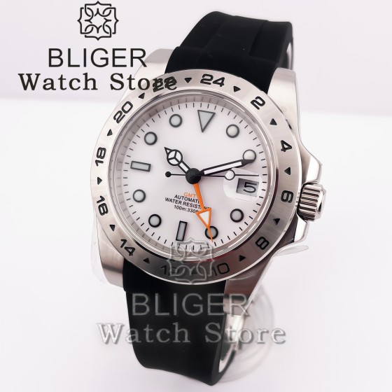 BLIGER 40mm GMT Mechanical Men's Wristwatch Waterproof 24 Hour Fixed Bezel Sapphire Glass Luminous steel rubber strap