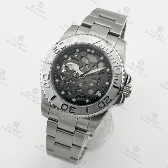 BLIGER 40mm NH72 High-end Hollow Mechanical Automatic Diving Watch Luminous Index Chapter Ring Sapphire Glass Waterproof 10ATM