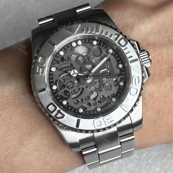 BLIGER 40mm NH72 High-end Hollow Mechanical Automatic Diving Watch Luminous Index Chapter Ring Sapphire Glass Waterproof 10ATM