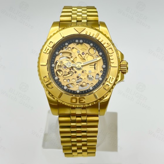 BLIGER 40MM Luxury Full Gold Hollow-out Skeleton NH71 Automatic Watch For Men Sapphire Glass Waterproof Diving Reloj Hombre