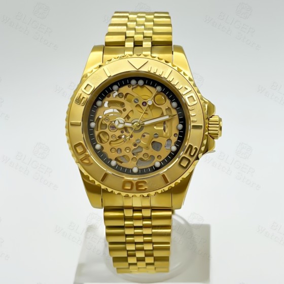 BLIGER 40MM Luxury Full Gold Hollow-out Skeleton NH71 Automatic Watch For Men Sapphire Glass Waterproof Diving Reloj Hombre