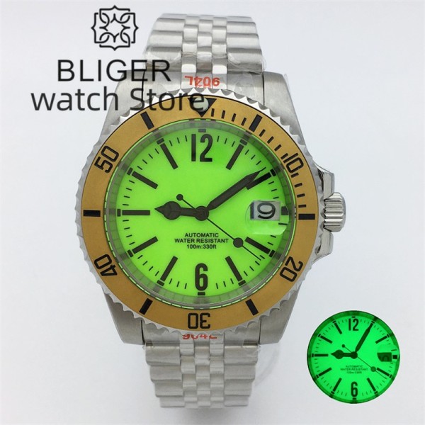 BLIGER 40mm fluorescent green all-luminous dial sapphire glass Japan NH35 Automatic Men's Watch Date 10ATM Diver rotating bezel