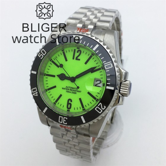 BLIGER 40mm fluorescent green all-luminous dial sapphire glass Japan NH35 Automatic Men's Watch Date 10ATM Diver rotating bezel