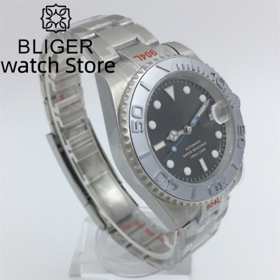 BLIGER 40mm NH35 Grey Sunburst Dial Men's Stainless Steel Automatic Watch Sapphire Date Wristwatch Screw Crown Luminous