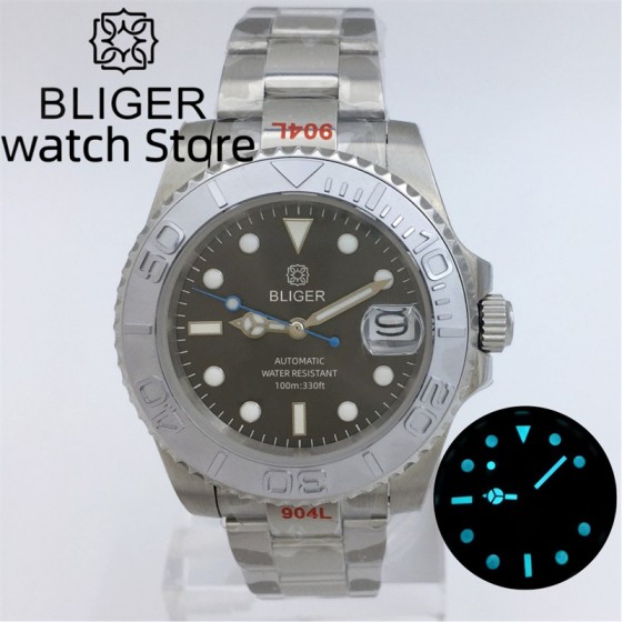 BLIGER 40mm NH35 Grey Sunburst Dial Men's Stainless Steel Automatic Watch Sapphire Date Wristwatch Screw Crown Luminous