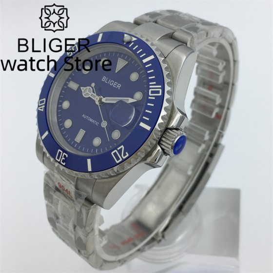 BLIGER 40mm Casual Men's Mechanical Watch Fit NH35 PT5000 MIYOTA8215 Movement Sapphire Glass blue dial Stainless Steel bracelet