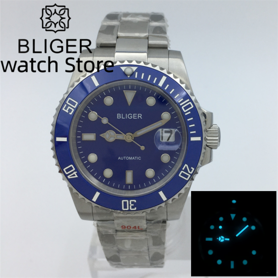 BLIGER 40mm Casual Men's Mechanical Watch Fit NH35 PT5000 MIYOTA8215 Movement Sapphire Glass blue dial Stainless Steel bracelet