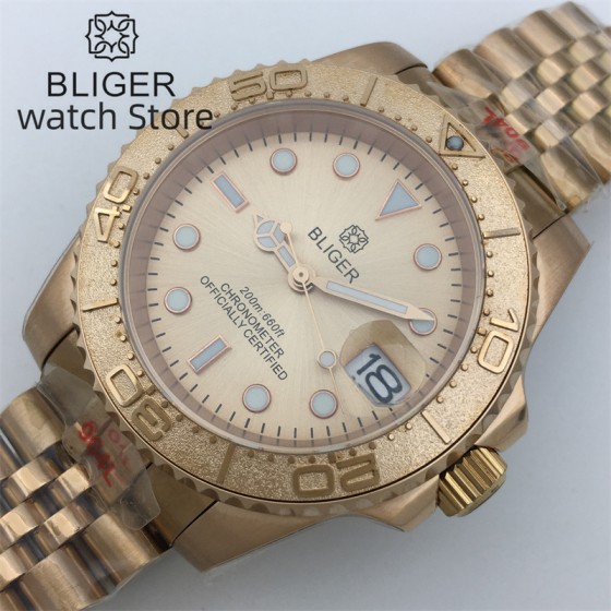 BLIGER 40mm Men's Mechanical NH35 Watch Sapphire Stainless Steel Full Rose Gold Case Waterproof Business Watch Men Relogio