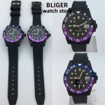 BLIGER 40mm NH35 miyota8215 Automatic Men's Watch PVD Black case Black Purple/Blue Purple Insert Sapphire Waterproof Rubber Bracelet