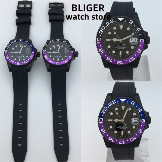 BLIGER 40mm NH35 miyota8215 Automatic Men's Watch PVD Black case Black Purple/Blue Purple Insert Sapphire Waterproof Rubber Bracelet