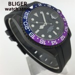BLIGER 40mm NH35 miyota8215 Automatic Men's Watch PVD Black case Black Purple/Blue Purple Insert Sapphire Waterproof Rubber Bracelet