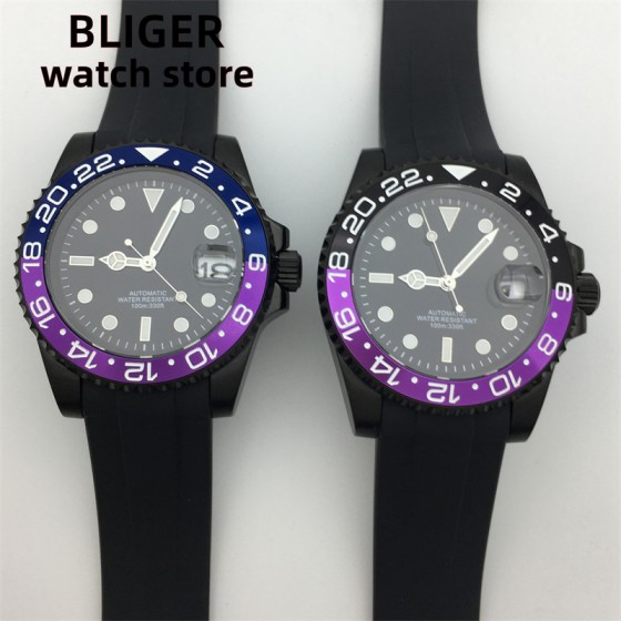 BLIGER 40mm NH35 miyota8215 Automatic Men's Watch PVD Black case Black Purple/Blue Purple Insert Sapphire Waterproof Rubber Bracelet
